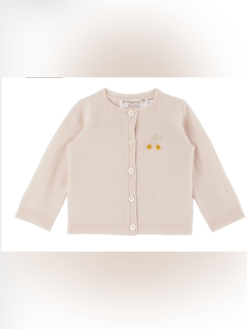 Bonpoint Cream Knit Cardigan with Yellow Cherry Detail
